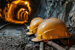 ai generiert Gelb Minenarbeiter Sicherheit Helm auf das Kohle Bergbau hintergrund.ai generativ foto