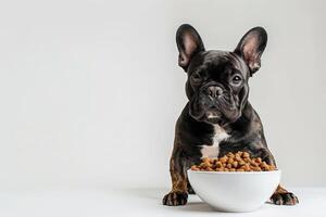 ai generiert Hund genießen ein herzhaft Mahlzeit. lächelnd glücklich Hund Stehen im Vorderseite von Schüssel mit Hund Essen auf einfach Hintergrund. generativ ai foto