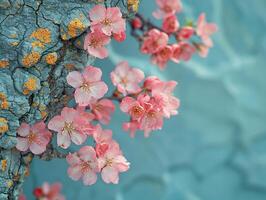 ai generiert Blühen Kirsche Blüten gegen Blau Himmel Ideal zum Frühling und Blumen- Themen. Rau Rinde Textur von ein alt Baum foto