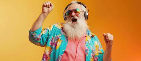 ai generiert alt Mann im hawaiisch Hemd Sonnenbrille und Kopfhörer hört zu zu Musik- singt und Tänze foto