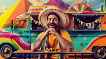 ai generiert glücklich Mann im Sombrero und Serape mit Teller von Tacos Sitzung gegen das Hintergrund von das beschwingt Essen LKW foto
