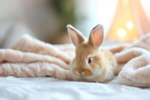 ai generiert ein Hase im ein Schlafzimmer Ostern Ei Konzept foto