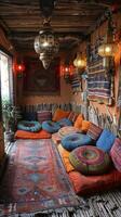 ai generiert traditionell marokkanisch Leben Zimmer mit Reich Textilien Laternen foto