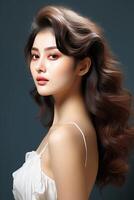 ai generiert Porträt von schön jung asiatisch Frau. Schönheit frisch Haut, kosmetisch Konzept. foto