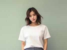 ai generiert Porträt von ein schön asiatisch Frau im Weiß T-Shirt foto