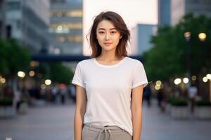 ai generiert Porträt von ein schön asiatisch Frau im Weiß T-Shirt foto