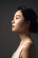 ai generiert Porträt von schön jung asiatisch Frau. Schönheit frisch Haut, Wellness oder kosmetisch Konzept. foto