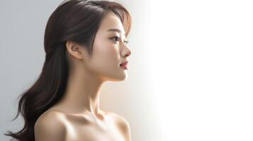 ai generiert Porträt von schön jung asiatisch Frau. Schönheit frisch Haut, Wellness oder kosmetisch Konzept foto