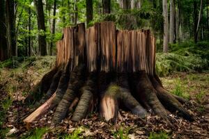 ai generiert alt Stumpf, Rest von fiel Baum Stamm, steht im Einsamkeit foto