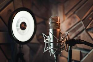 ai generiert Mikrofon im Klang Aufzeichnung Studio, Fachmann Audio- Ausrüstung foto