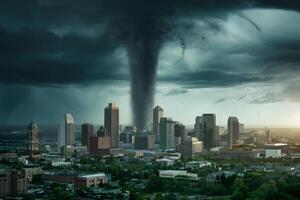 ai generiert fest Tornado dominiert Stadtbild im turbulent Sturm Szene foto