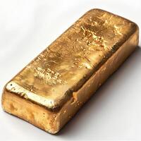 ai generiert Gold Bar isoliert auf Weiß Hintergrund mit Schatten. Gold Bar isoliert. reflektierend Gold Bar zum schmelzen foto