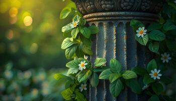 ai generiert uralt griechisch Säule eingewickelt mit Blumen und Pflanzen. Nahansicht von griechisch Säule. ionisch Säule. doric Spalte. korinthisch Säule im Natur foto