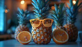 ai generiert Ananas mit Brille isoliert auf Blau Hintergrund. tropisch Ananas Obst auf einfach Hintergrund wie Konzept zum Sommer foto