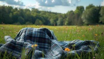ai generiert Decke im das Grün Gras zum Picknick. Picknick Zeit während Sommer- Zeit im Natur. Nahansicht von Picknick Decke im Grün üppig Natur voll von Bäume und Blumen foto
