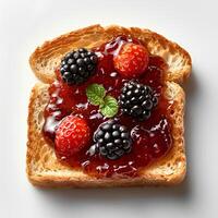 ai generiert geröstet Scheibe von Toast Brot mit Brombeere Marmelade isoliert auf Weiß Hintergrund mit Schatten. Toast oben Sicht. leicht verbrannt Toast Brot eben legen. Brombeere Marmelade foto