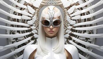 ai generiert jung Frau im Sonnenbrille tragen ein futuristisch passen foto