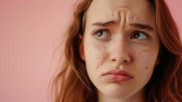 ai generiert Teenager Mädchen haben Akne Problem , Gesichts- Haut Probleme . foto