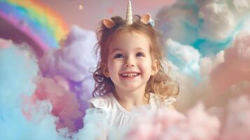 ai generiert ein jung Mädchen hat Spaß spielen im ihr Gedanken tragen Stirnband wie Einhorn ,Mädchen mit Wolke und Regenbogen Pop oben über ihr Kopf . foto