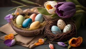 ai generiert Ostern Dekor Komposition mit bunt Eier im Vogel Nest und im das Teller auf hölzern Tisch. bunt Tulpen und blüht um. Gruß Karte zum Ostern Feiertage. foto