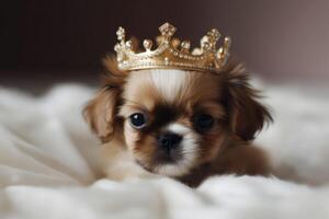 ai generiert wenig süß flauschige Hündchen tragen golden Krone auf ihr Kopf, Verlegung auf das Bett. Mode Schönheit zum Haustiere. königlich Vergnügen. foto