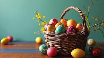 ai generiert bunt Ostern Eier gemalt im slawisch Motive im Korbweide Korb Stehen auf hölzern Tisch, Grün Pflanze Ast um, Türkis Hintergrund mit Kopieren Raum. Postkarte zum Ostern Feiertage. foto