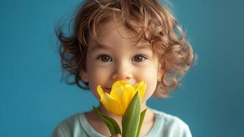 ai generiert wenig Junge mit ein Tulpe Blume im ihr Hände auf Pastell- Blau Hintergrund foto
