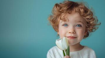 ai generiert wenig Junge mit ein Tulpe Blume im ihr Hände auf Pastell- Blau Hintergrund foto