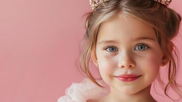 ai generiert wenig Mädchen mit ein Krone auf seine Kopf auf Pastell- Rosa Hintergrund foto