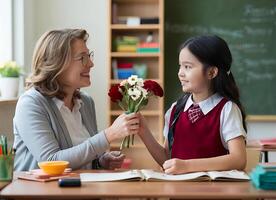 ai generiert Kinder und Erzieher Gedenken Lehrer Anerkennung Tag. ai generiert foto