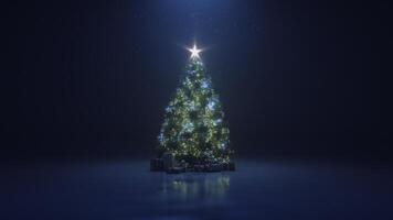 3d machen Weihnachten Baum mit ein leuchtenden Star und ein Girlande im das dunkel mit fallen Schnee foto