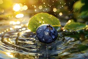 ai generiert von der Sonne geküsst Blaubeere schwebend sanft auf funkelnd Wasser foto