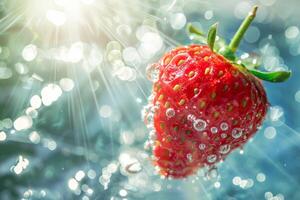 ai generiert von der Sonne geküsst Erdbeere schwebend im funkelnd Wasser foto