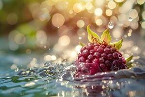 ai generiert von der Sonne geküsst Himbeere schwebend im funkelnd Wasser foto