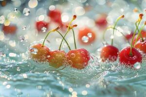 ai generiert von der Sonne geküsst Kirschen schwebend auf Wasser foto