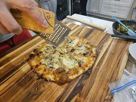 Zuhause gemacht Stein gebacken Grill Pizza mit frisch Teig und Treffen Gemüse und Käse foto