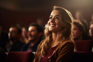ai generiert glücklich jung Frau beim Kino Aufpassen Film foto