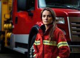 ai generiert jung weiblich Feuerwehrmann neben ein Feuer LKW während golden Stunde foto