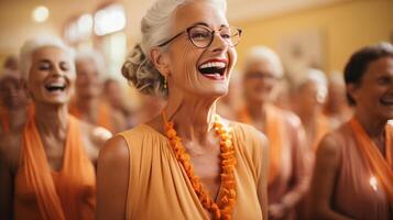 ai generiert Senior Frauen im Orange Kleider Singen im ein Chor. Glück und Musik- Konzept. foto