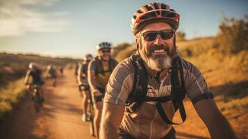 ai generiert Senior Mann führen ein Gruppe von Radfahrer auf ein Schmutz Pfad. Abenteuer und Fitness Konzept. foto