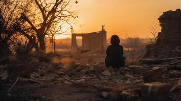 ai generiert Person Sitzung im Einsamkeit inmitten das Ruinen beim Sonnenuntergang, reflektieren auf Zerstörung und Hoffnung. foto