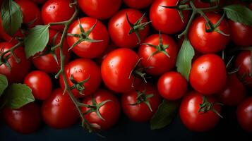 ai generiert frisch Tomaten mit Grün Blätter Hintergrund foto