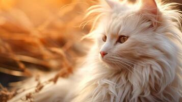 ai generiert Weiß langhaarig Katze mit Bernstein Augen im ein Feld von trocken Gras mit herbstlich Töne. foto