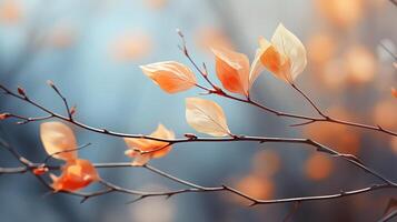 ai generiert Herbst Blätter auf nackt Geäst gegen ein Weicher Fokus Hintergrund. Nahansicht mit Bokeh Wirkung. Natur und Jahreszeit Veränderung Konzept. foto