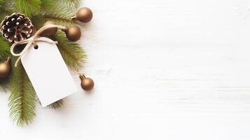 ai generiert festlich Weihnachten Komposition mit Kiefer Geäst und golden Ornamente auf Weiß hölzern Hintergrund. saisonal Urlaub Rahmen mit leer Etikett zum Text. foto