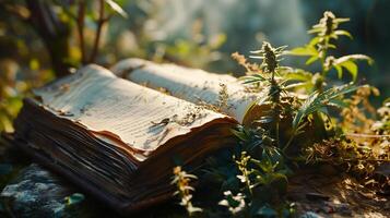 ai generiert Buch von Unkraut. Cannabis Pflanze und öffnen alt Buch im Sonnenlicht. Bildung und Natur Konzept. foto