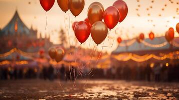 ai generiert schwebend Luftballons Über festlich Messegelände beim Dämmerung. Feier und Party Konzept. foto