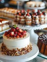 ai generiert Hochzeit Kuchen mit Obst Dekoration foto