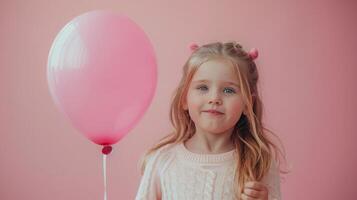 ai generiert wenig Mädchen umarmen Rosa Ballon auf Pastell- Rosa Hintergrund foto