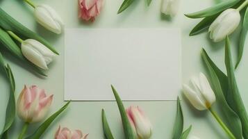 ai generiert Weiß Papier Attrappe, Lehrmodell, Simulation mit Tulpen Blumen, Frühling Attrappe, Lehrmodell, Simulation foto